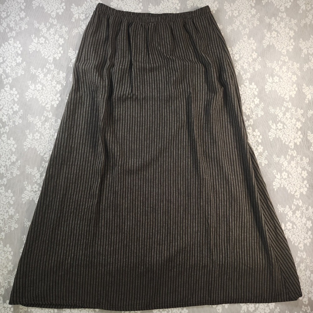 Eileen Fisher Pinstripe Maxi Skirt Size M 100% Rayon Elastic Waist Black Tan